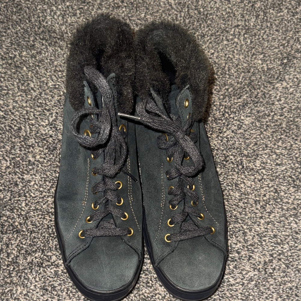 Keds Black Suede Lace-Up Platform Sneakers with Fuzzy Collar